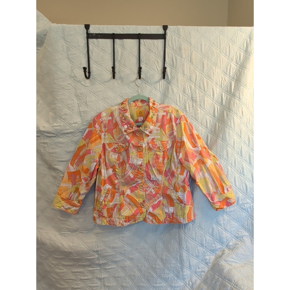 Ruby Rd Orange Green Pink Multi Burn Out Jacket Button Up Breast Pockets